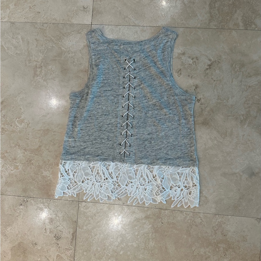Generation Love gray linen tank white  lace trim, back tie up detail small - Picture 4 of 6